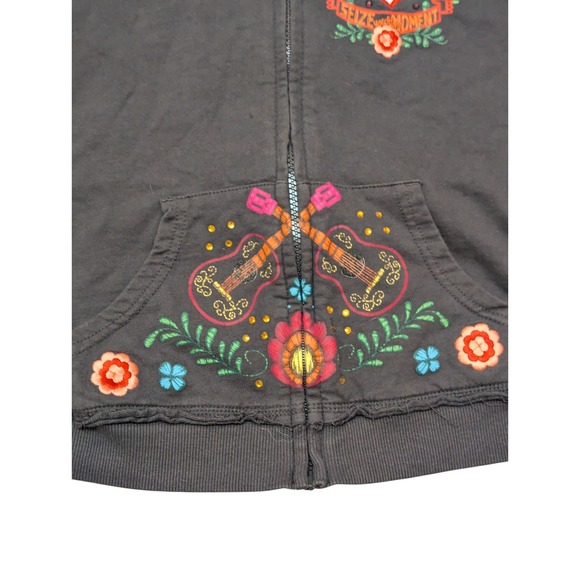 Disney Coco‎ Movie Zip Up Hoodie Embroidered Art Gray Kids Size 9/10 - Picture 9 of 11